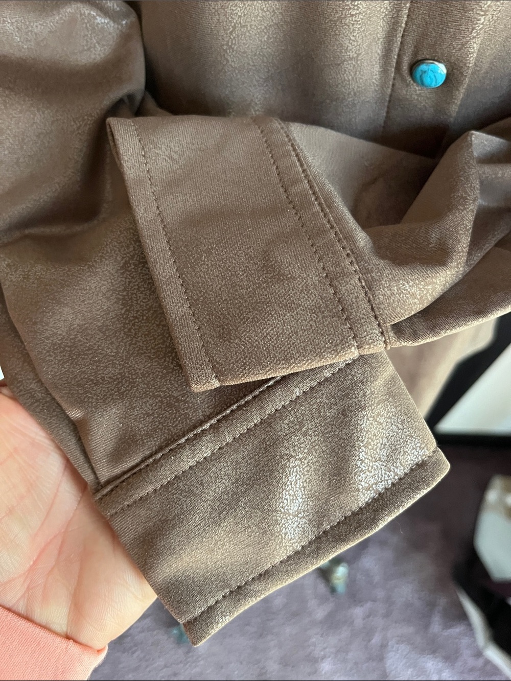 Brown Shimmery Leather Look Pearl Snap Shirt with Turquoise Snaps NWOT - Picture 5 of 9